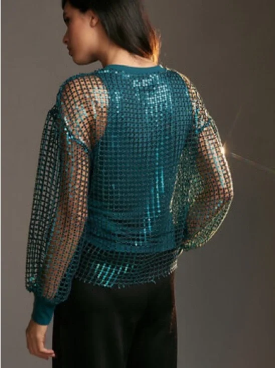Pilcro Teal Sequin Mesh Jersey Long-Sleeve Top - Picture 3 of 16